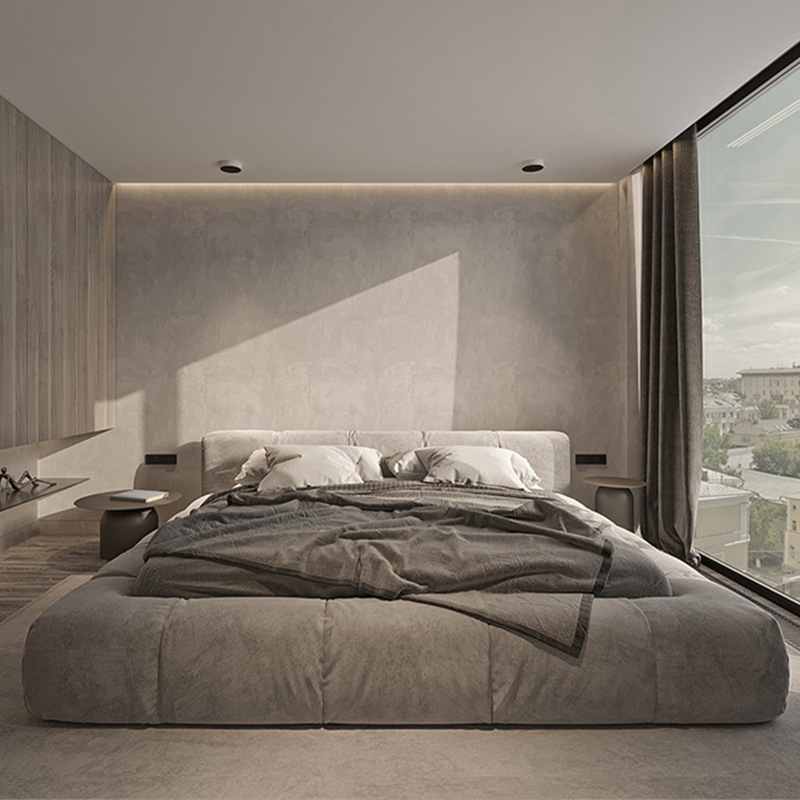 Cama doble con respaldo de tatami, estilo minimalista italiano, cama de terciopelo tecnológico para dormitorio, cama de matrimonio personalizada de madera maciza image 3