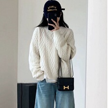 慵懒感软糯圆领羊绒衫女套头羊毛衣女宽松气质羊绒针织衫菱格麻花
