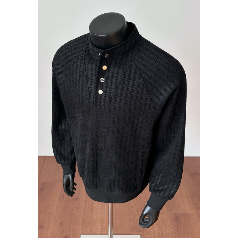 Fishbone Stripe Color-blocked -style Sweatshirt For Men And Women, Autumn High-end Design, Buttoned Henley Collar_voghion.com