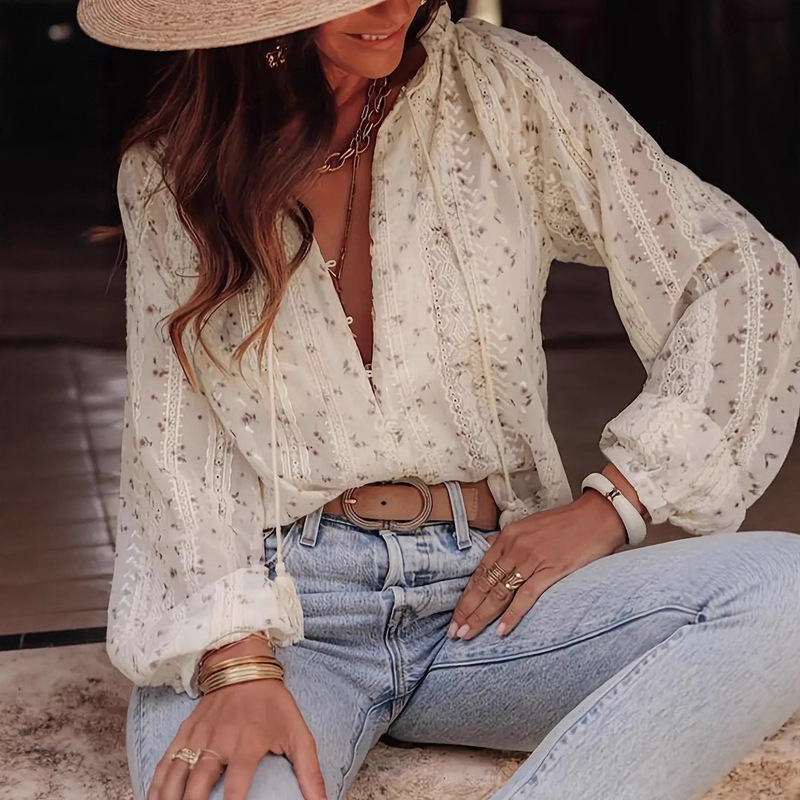 2025 European and American Cross-Border Export Women's Clothing Elegant Elegant Fashion Floral Print Lace Splicing Tassel Shirt Shirt