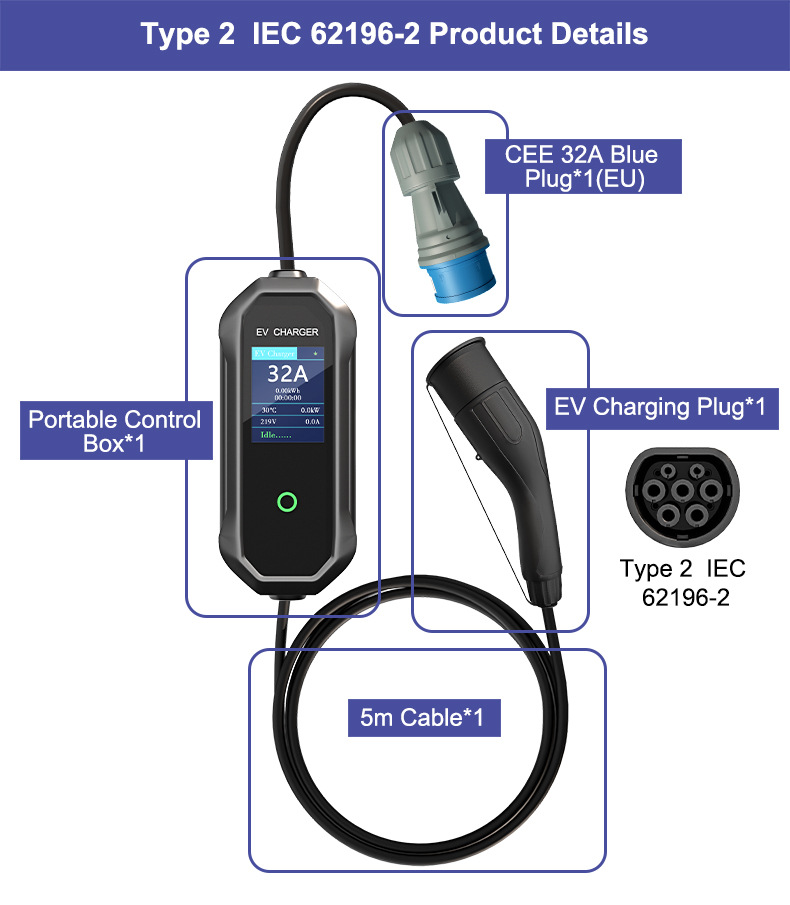 Type2 Charging Station 7Kw European Standard Tesla Portable Charging Gun for New Energy Vehicles