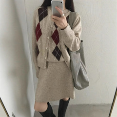 韩版菱格针织开衫半身裙三件套套装女秋冬宽松毛衣外套整套穿搭潮