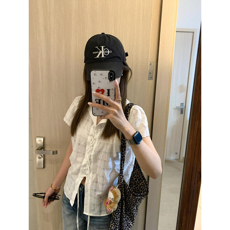 韩系白色肌理感短袖衬衫女夏季设计感小众绑带衬衣感气质上衣|undefined