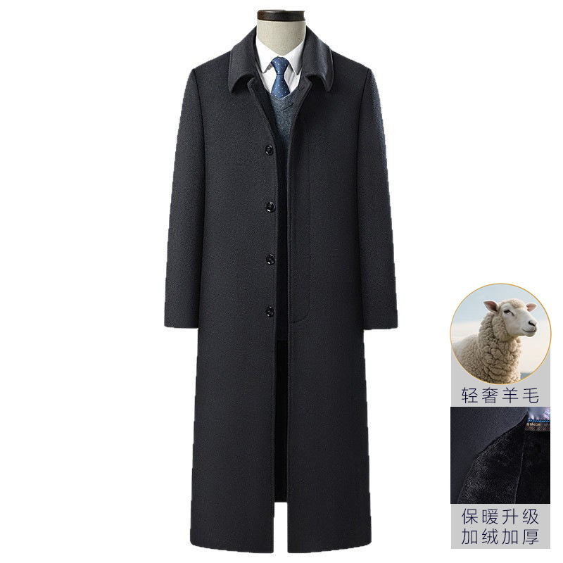 Winter Woolen Coat for Men, Business Style, with Fur Collar, Fleece-Lined, Thickened, Men's Long Trench Coat, Over-The-Knee Wool Overcoat