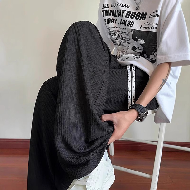 Pinstripes Textured Pants Men's Summer Thin Ice Silk Drapey Lazy Style Loose Straight Casual Pants