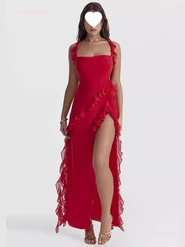 New Foreign Trade Women's Fashion European and American Style Long Slim-Fit Dress with Slits, Exposed Legs, Flowing Straps, Solid Color, and Square Neckline New Foreign Trade Women's Fashion European and American Style Long Slim-Fit Dress with Slits, Exposed Legs, Flowing Straps, Solid Color, and Square Neckline