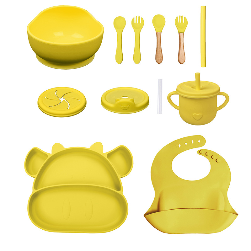 Conjunto de cubiertos para niños tazón de alimentos suplementarios platos de silicona tazón de cuchara de tenedor bib taza de agua de grado alimenticio para bebés alimentación suplementaria