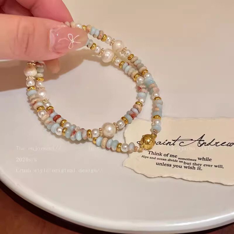 Double-layer Shoushan Stone Colorful Beaded Freshwater Pearl Bracelet Sweet Niche Retro Light Luxury Stacked Magnetic Buckle Bracelet