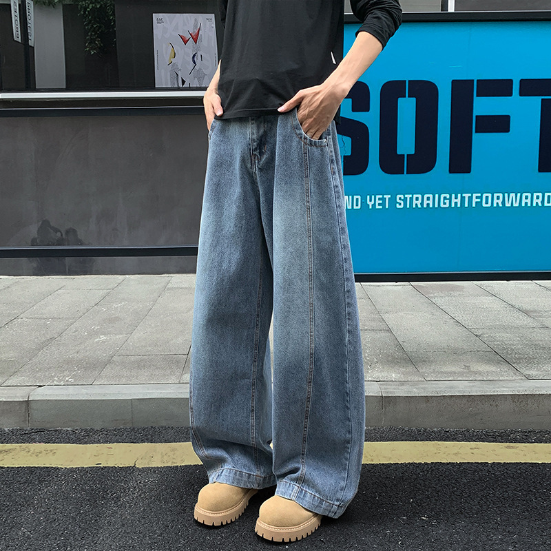 Vintage Curved Hem Jeans for Men, Summer American Style Straight Loose Pants, Cool Trendy Brand Curved Hem Wide-Leg Casual Long Pants Vintage Curved Hem Jeans for Men, Summer American Style Straight Loose Pants, Cool Trendy Brand Curved Hem Wide-Leg Casual Long Pants