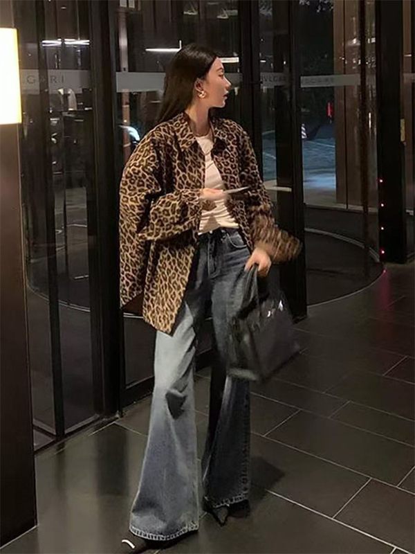 American Retro Leopard Print Jacket for Women, New Autumn Style, Casual Loose Long-Sleeve Denim Cotton Shirt, Korean Style Jacket Top