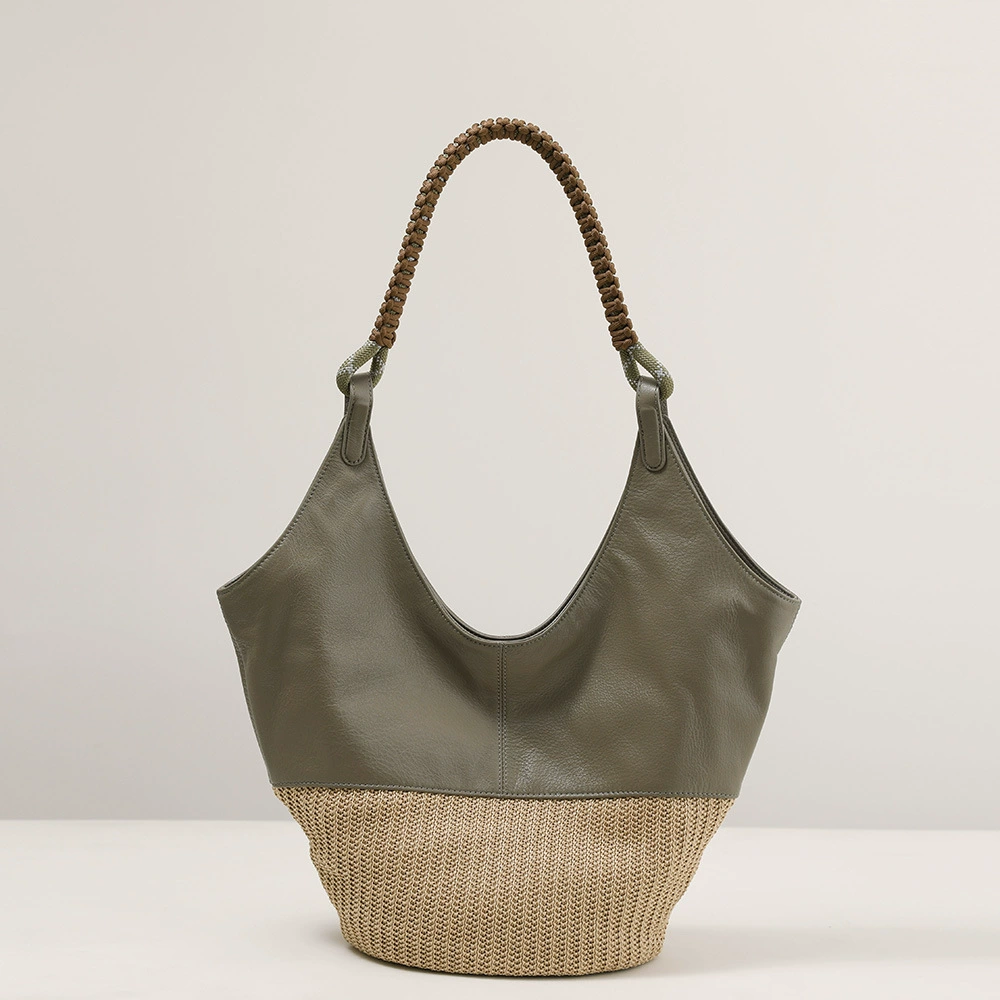 Leather straw capacious one-shoulder bag, cowhide, Korean style