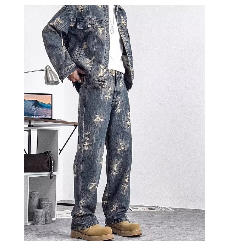 Spring and Autumn New Jacquard Denim Jacket Suit Men's American Fashion Brand Handsome Retro Loose Casual Denim Pants