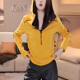 Slim-Fit Slim Contrast Women's Sweater with Vertical Collar Hooded Half-Zip Top Casual Sports New Long-Sleeved Pullover