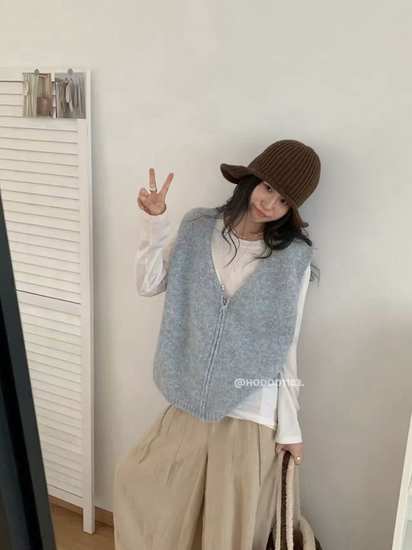 花纱韩系V领拉链针织马甲开衫女2025秋季新款宽松显瘦毛衣背心女|undefined