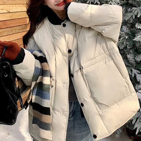 牛仔拼接假两件羽绒服女冬新款新品新品休闲森系面包服新品米白色