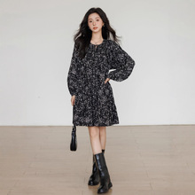 欧美碎花长袖连衣裙女春秋新款法式小个子桔梗裙收腰雪纺长裙