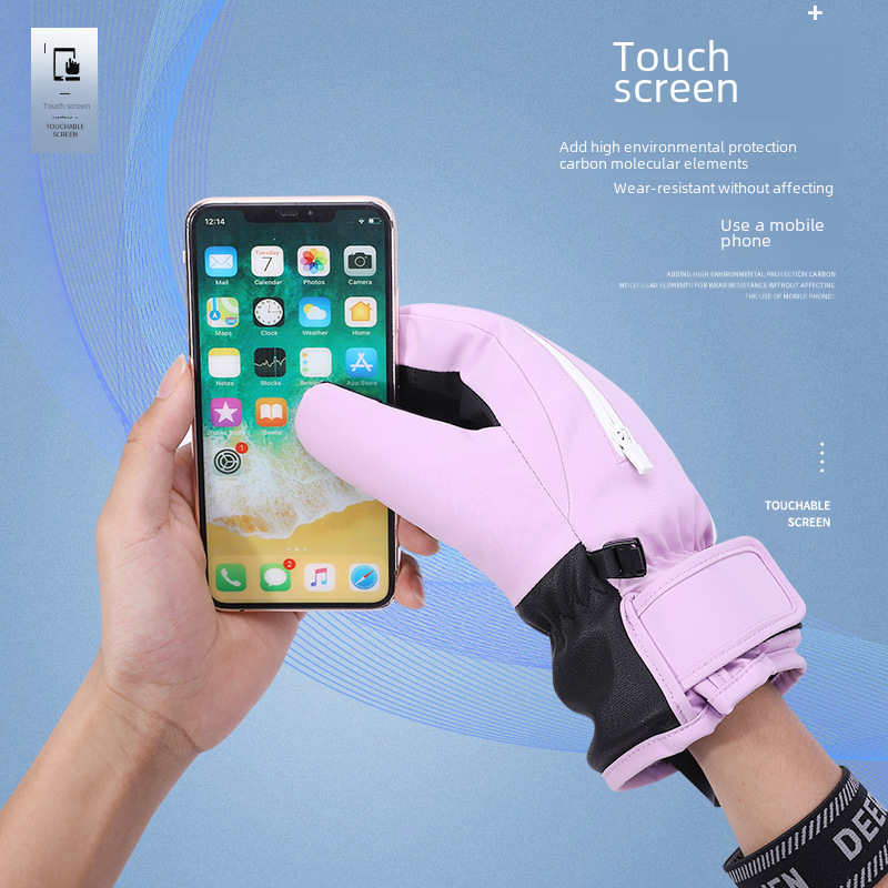 Ski gloves winter women's warm fleece-lined student veneer raccoon inner five finger riding Men's waterproof touch screen plus_maomaolike.com
