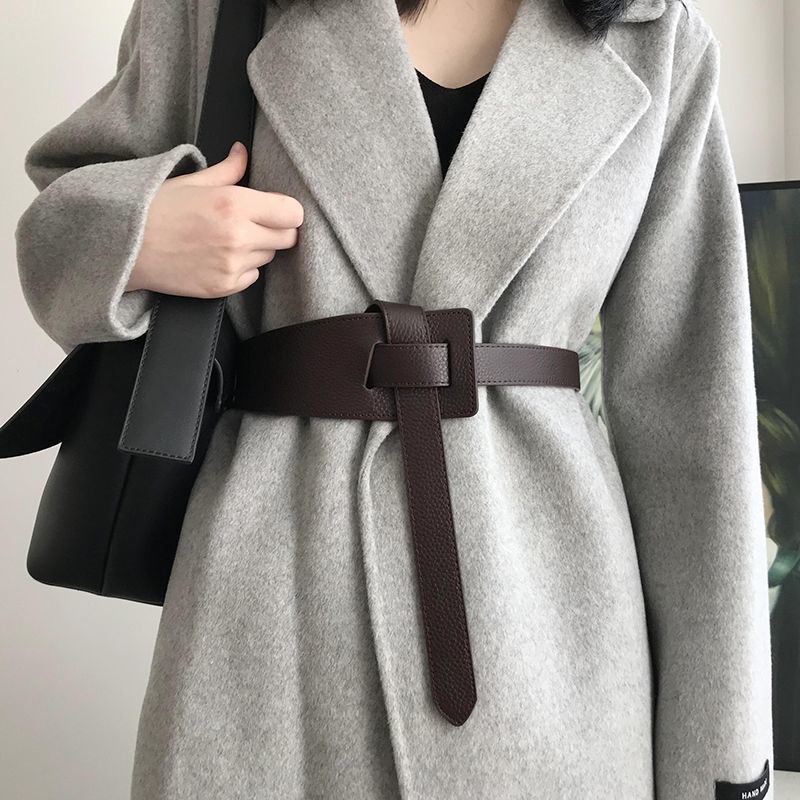 Brown Color Woolen Coat Genuine Leather Belt Women's Decorative All-match New Style Top Layer Cowhide Waist Seal Slimming Waistband Knot
