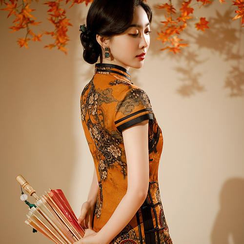 Retro Chinese Dress oriental old shanghai Qipao  wear yellow collar long fashion split Chinese cheongsam with short sleeves