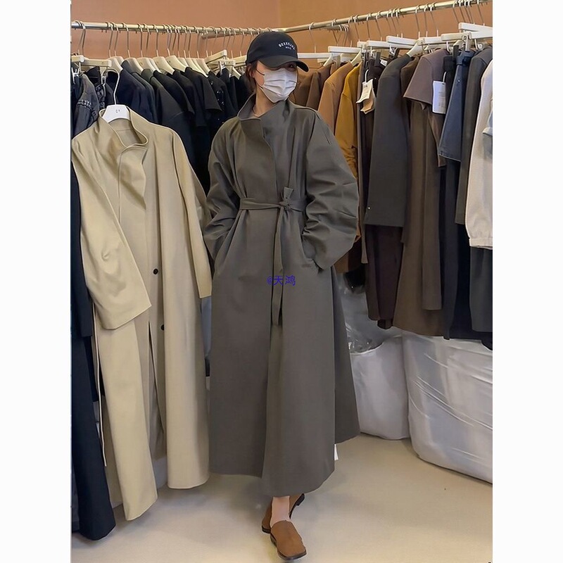 Korean Style Super Mid-Length Loose Waist Belt Stand Collar Lapel British Lazy Style Windbreaker Jacket for Women Spring & Fall Korean Style Super Mid-Length Loose Waist Belt Stand Collar Lapel British Lazy Style Windbreaker Jacket for Women Spring & Fall