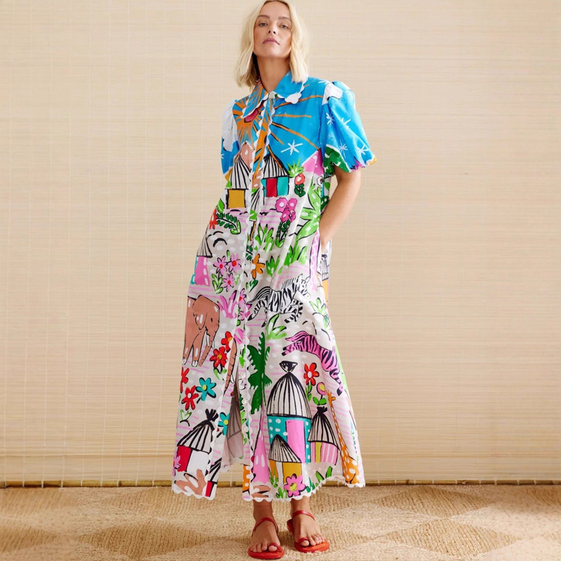 2024 New European and American Cross-Border Amazon Aliexpress Independent Station Linen Personalized Printed Shirt Collar Cardigan Dress 2024 New European and American Cross-Border Amazon Aliexpress Independent Station Linen Personalized Printed Shirt Collar Cardigan Dress