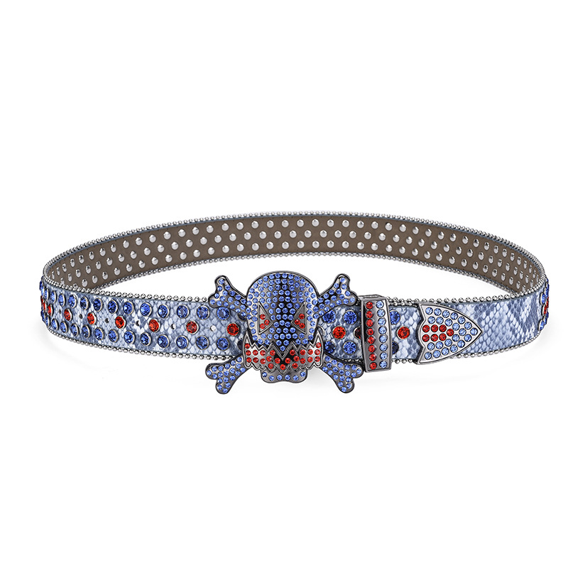 Europeo y americano oscuro cráneo hebilla rhinestone incrustado cinturón de alta gama completo diamante lentejuelas hip hop decorativo discoteca cinturón hombres y mujeres
