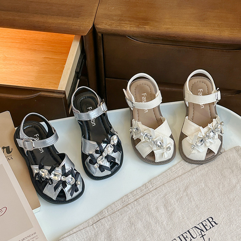 Summer sandals for leisure with rhinestones with bow girl's