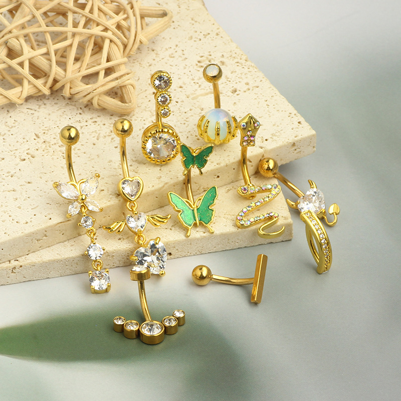 Amazon New Inlaid Zircon Love Belly Button Ring Butterfly Inverted Belly Button Nail Snake Belly Button Ring Piercing Jewelry 10 Pieces detail image 7