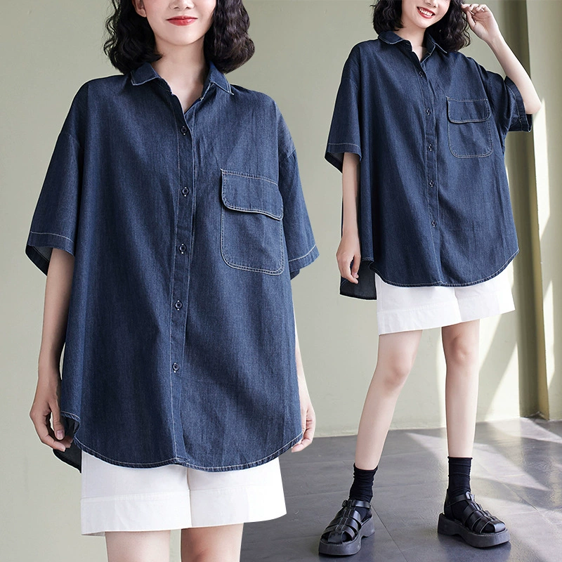 Настоящая летняя тонкая повседневная универсальная рубашка, новая простая модная тонкая свободная джинсовая рубашка с короткими рукавами