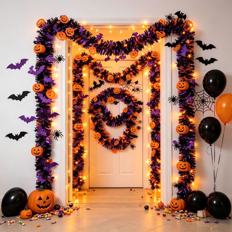 Halloween decorations, ghost pumpkin colorful bunting, mall store theme event atmosphere, party scene arrangement