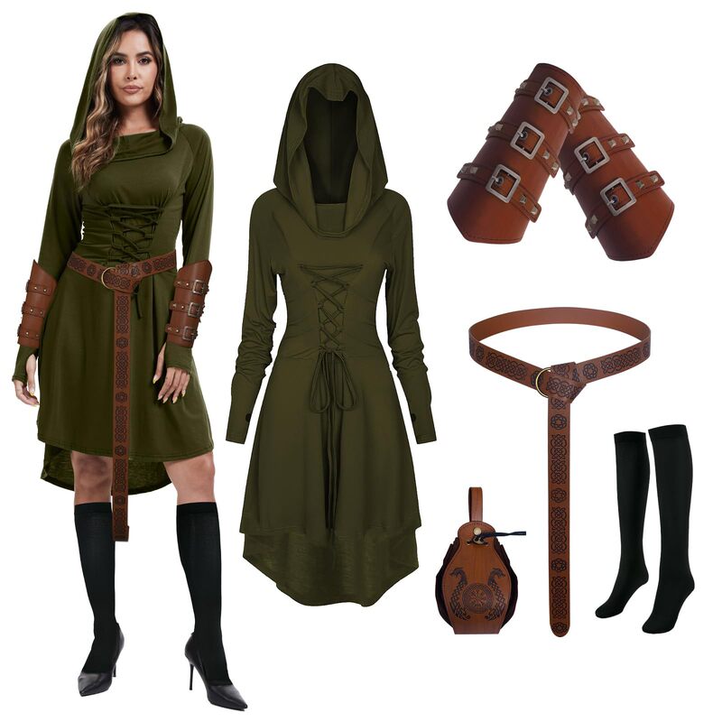 5-piece women's Renaissance costume, medieval pirate shirt, ankle strap pants, Viking costume