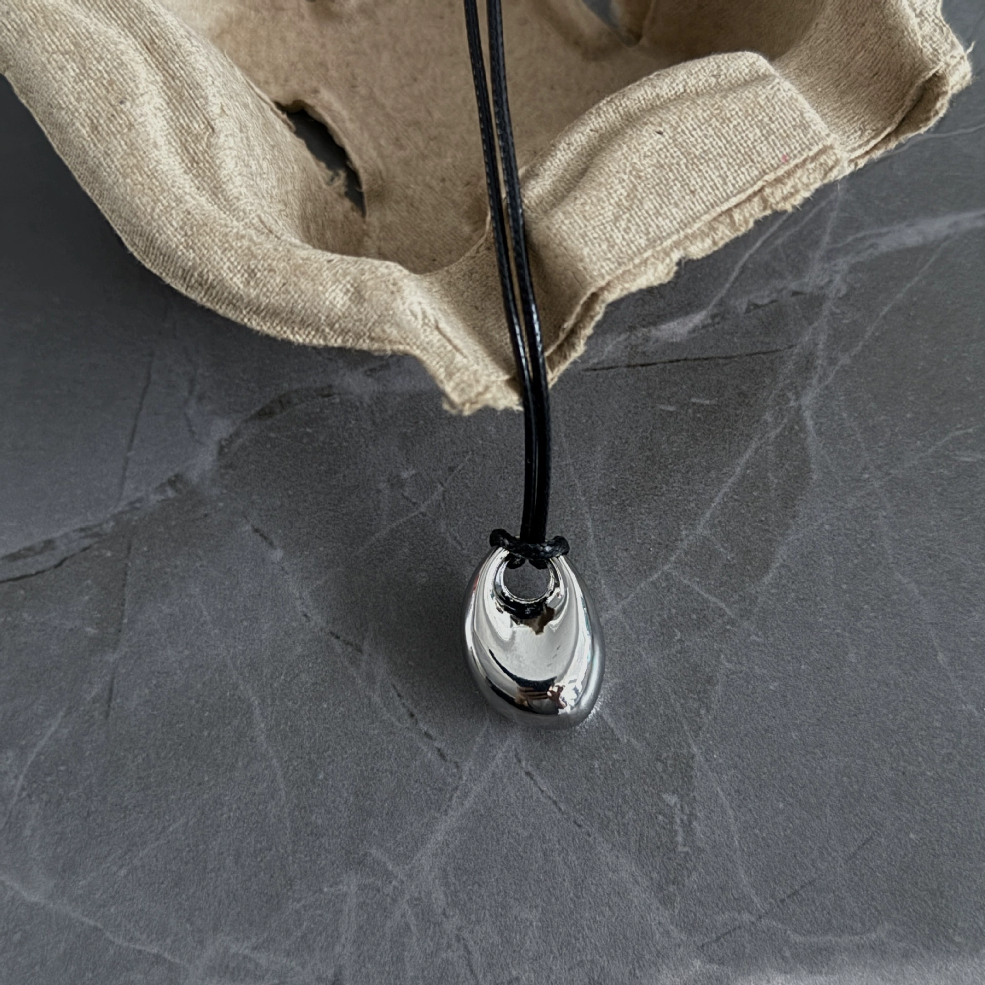 Pendant Necklace, Stainless Steel & Leather Rope, Burgundy/Black/Silver, 7 cm Pendant