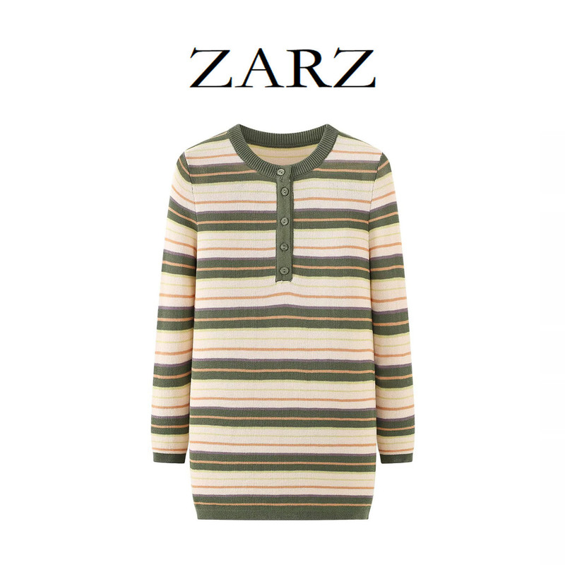 Zarz Self-Made European and American Style New Women's Fashion Trendy Round-Neck Over-The-Elbow Sleeve Casual Striped Knit Sweater