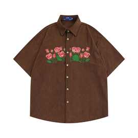 美式复古玫瑰刺绣短袖衬衫男女夏季宽松灯芯绒小众衬衣外套