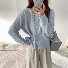 韩系秋冬新款温柔奶系纯色麻花针织开衫上衣慵懒风系带毛衣女外套