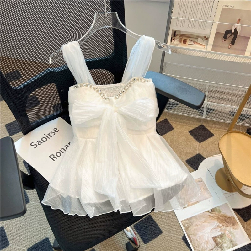 Реальный снимок ~ Прочный топ с камнями, французский нишевый дизайн с бантом на талии, уникальный изысканный красивый топ для верхней одежды