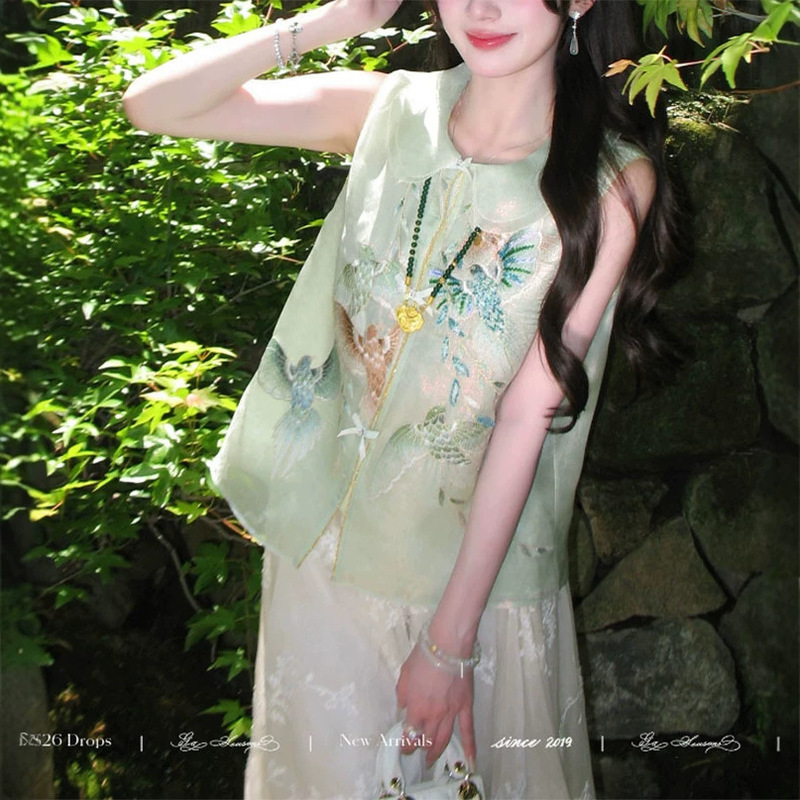Cuiyu Heavy Craft Silk New Chinese Style Vest Jacket for Women, Summer Thin Embroidered National Style Top Cuiyu Heavy Craft Silk New Chinese Style Vest Jacket for Women, Summer Thin Embroidered National Style Top