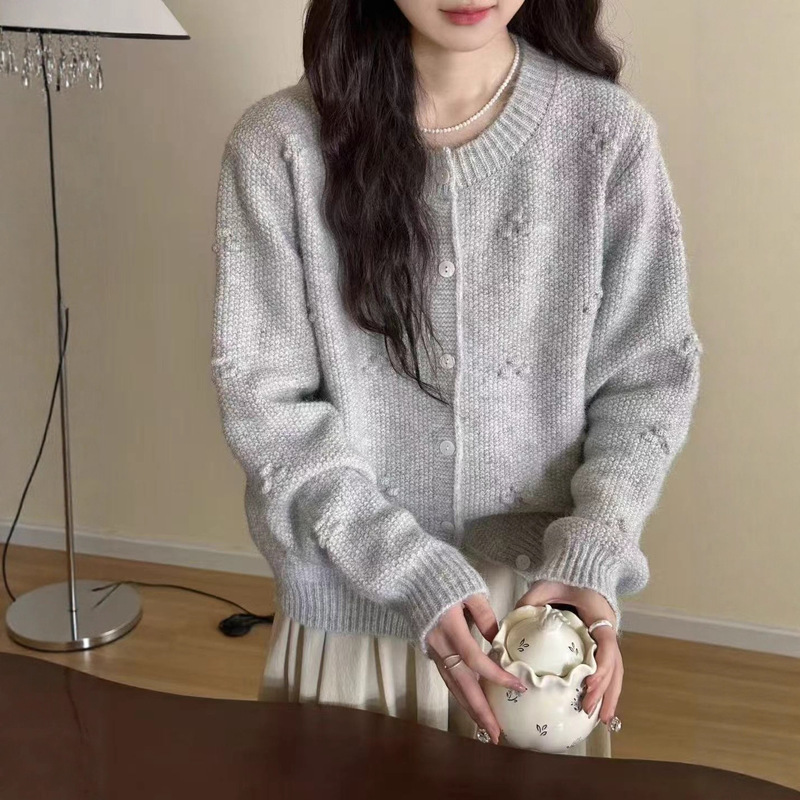 重工设计高级感手工立体花朵针织开衫上衣女2025秋季新款毛衣外套|undefined