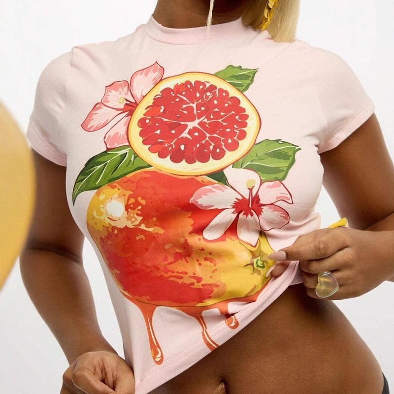 Summer Fruit Pattern Printed T-Shirt Grapefruit Graphic Design Sense Short-Sleeved Women's Pullover T-Shirt Casual Fashion