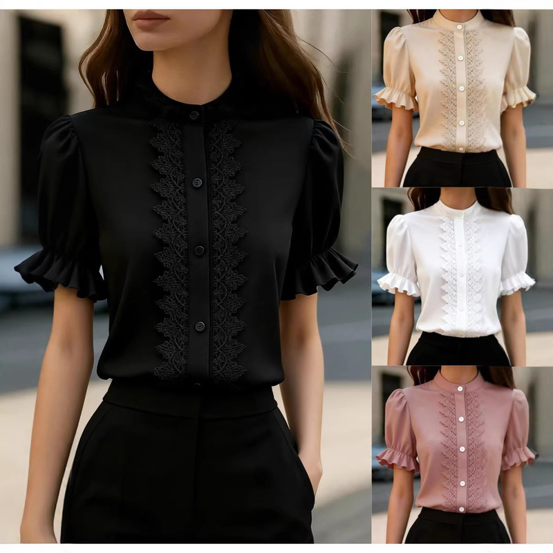 2026 European and American Cross-Border New Summer Style Stand-Up Collar Lace Splicing Puff Sleeve Short-Sleeved Shirt for Women 2026 European and American Cross-Border New Summer Style Stand-Up Collar Lace Splicing Puff Sleeve Short-Sleeved Shirt for Women