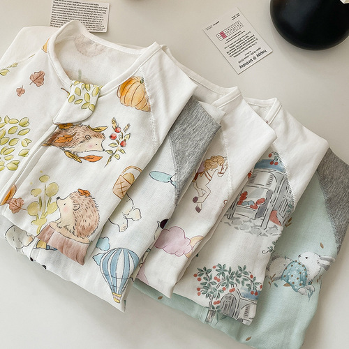 Digital printed gauze short-sleeved spliced split-leg sleeping bag summer thin baby split-leg sleeping bag children's anti-kick quilt