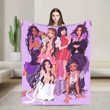 跨境紫调背景动漫女团多造型时尚印花法兰绒毛毯居家保暖舒适毛毯
