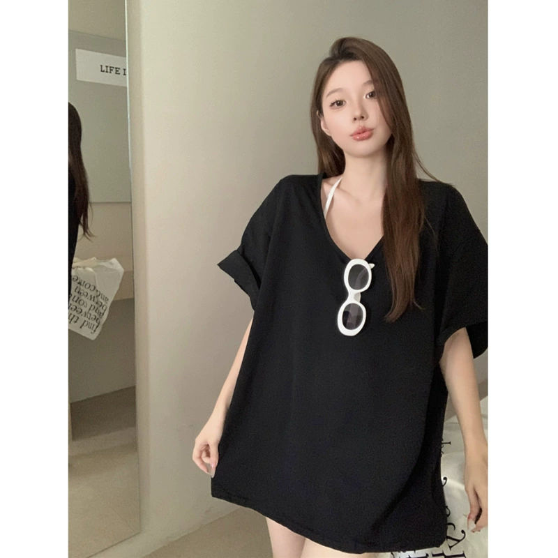White spring summer long T-shirt, oversize, with short sleeve