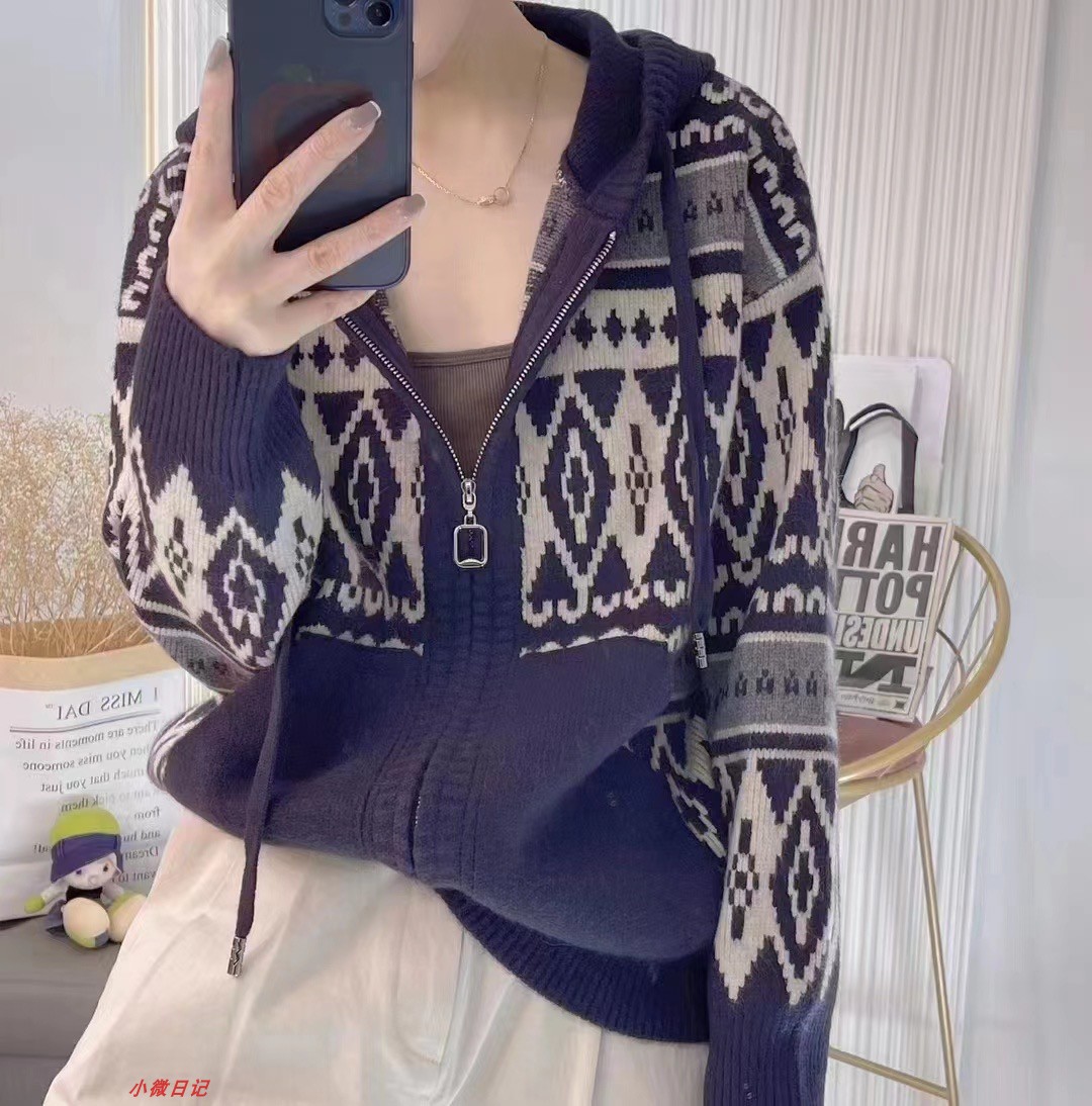 春装新款女韩版甜美格子连帽针织开衫秋冬百搭拉链加厚毛线衣外套