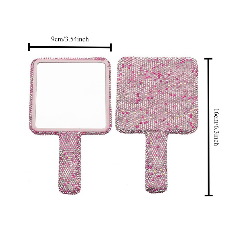 Espejo creativo con mango portátil de diamantes, espejo de maquillaje cuadrado de amor, espejo de belleza, espejo de princesa de diamantes llenos de diamantes, espejo de maquillaje