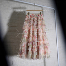 新款印花彩优雅网纱层层裙蛋糕群半身裙长款