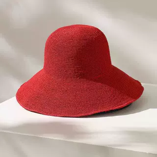 红色草帽女夏季大帽檐透气防晒渔夫帽可折叠出游度假百搭遮阳帽子