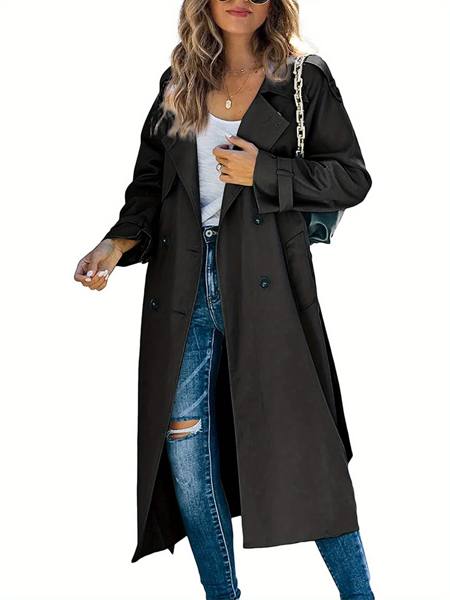 Women's Classic Double Breasted Long Trench Coat with Belt