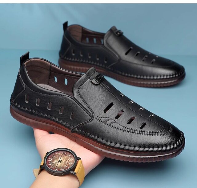 Giày sandal nam da lười khoét lỗ đế bằng chống trượt thoáng khí — Màu kaki, màu đen chi tiết 25