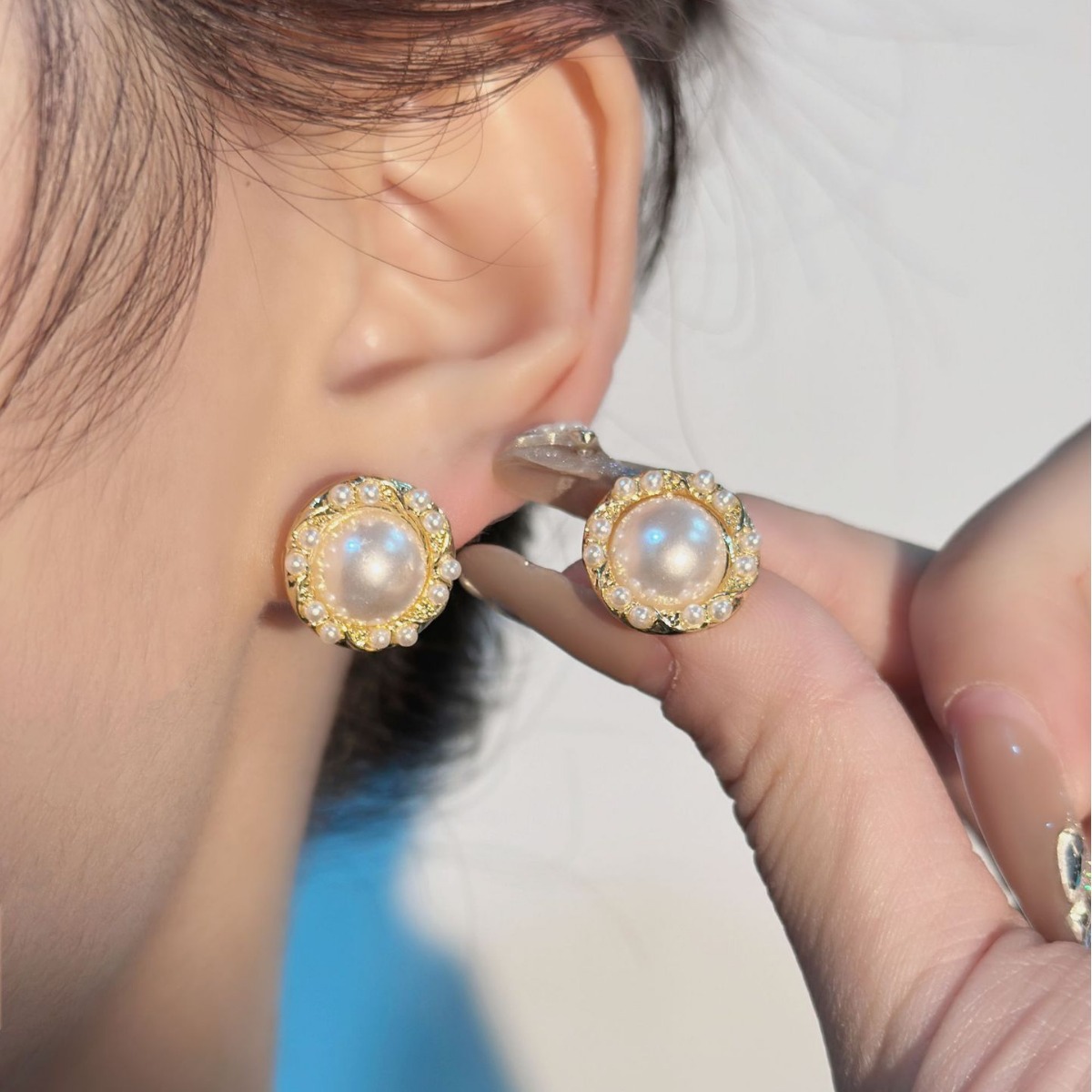 S925银针韩国新款巴洛克圆形珍珠气质复古港风耳钉耳饰时尚通勤